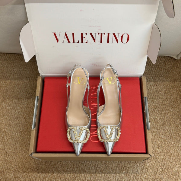 VL 26s High Heel Slingbacks In Metallic Silver Calfskin With Crystal