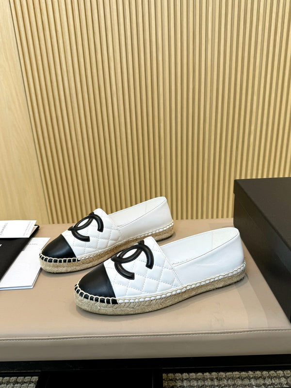 cc espadrillas bianche nere trapuntate in pelle di vitello
