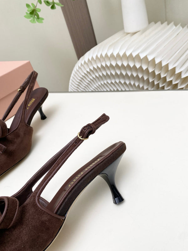Miu 26s Slingback Pumps 55mm In Dark Brown Suede With Bow