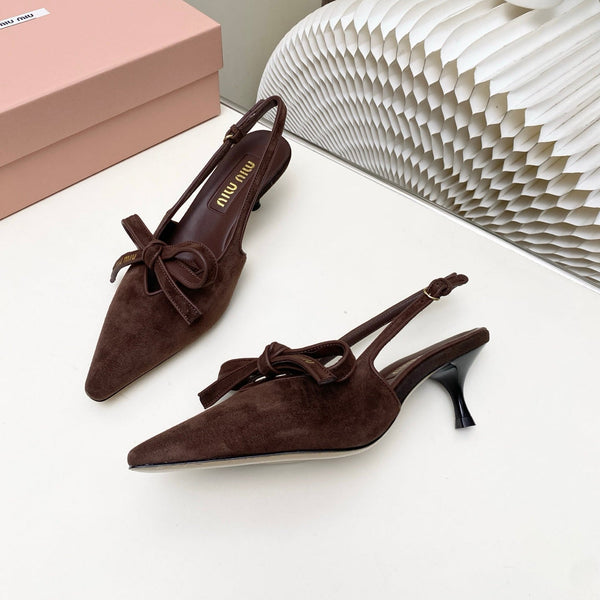Miu 26s Slingback Pumps 55mm In Dark Brown Suede With Bow