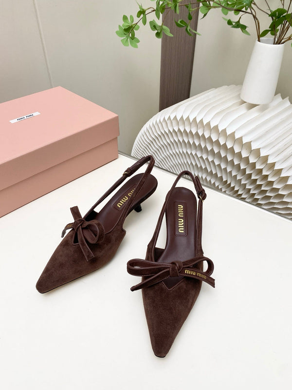 Miu 26s Slingback Pumps 55mm In Dark Brown Suede With Bow