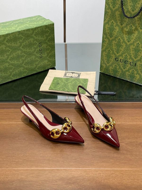 SLINGBACK CON TACCO MEDIO GG 4,5 CM IN PELLE DI VITELLO LUCIDA ROSSO VINO