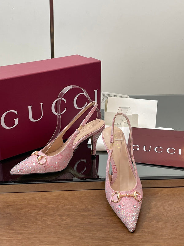 GG Horsebit Slingback 45MM Pink Ebony Monogram Canvas Point Toe Crystal-Embellished