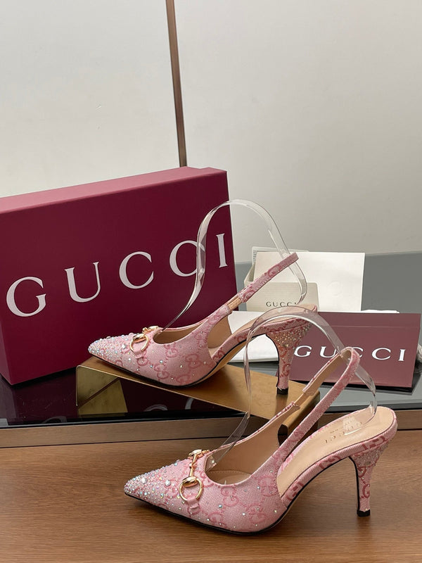 GG Horsebit Slingback 45MM Pink Ebony Monogram Canvas Point Toe Crystal-Embellished