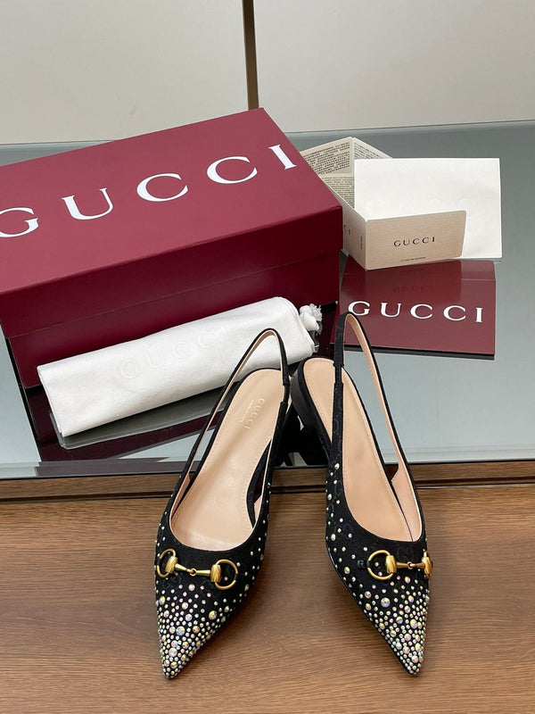 GG Horsebit Slingback Flat Black Ebony Monogram Canvas Point Toe Crystal-Embellished