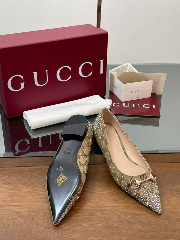 Ballerina GG Horsebit in tela monogramma beige ebano con cristalli