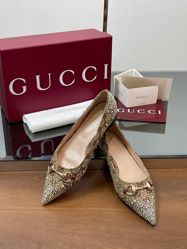 Ballerina GG Horsebit in tela monogramma beige ebano con cristalli