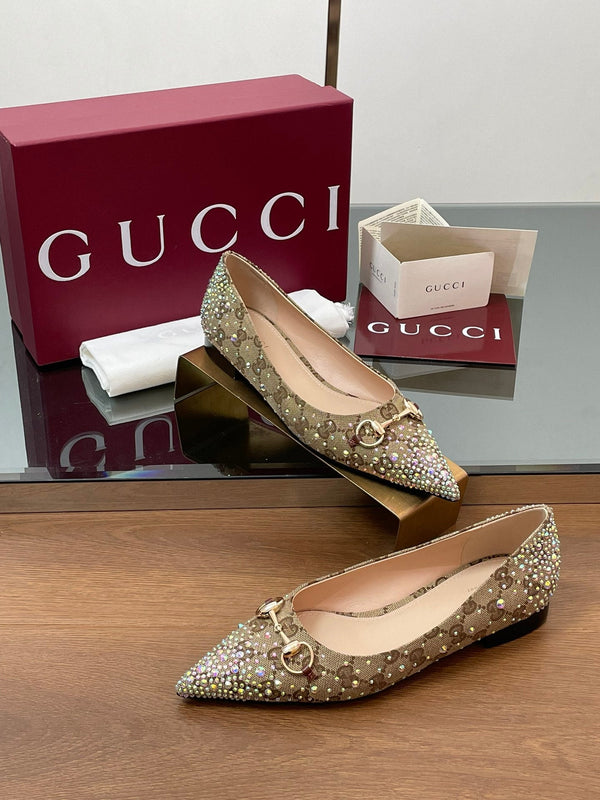Ballerina GG Horsebit in tela monogramma beige ebano con cristalli