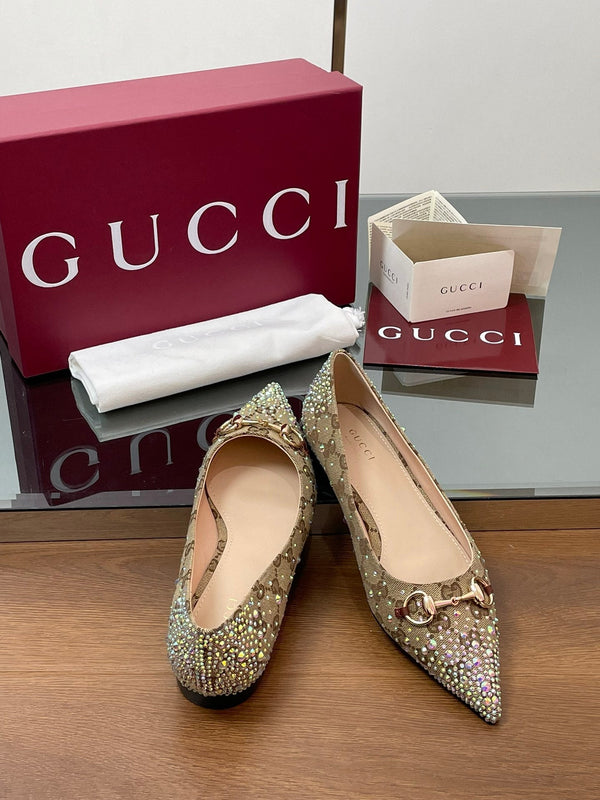 Ballerina GG Horsebit in tela monogramma beige ebano con cristalli