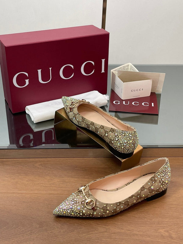 Ballerina GG Horsebit in tela monogramma beige ebano con cristalli