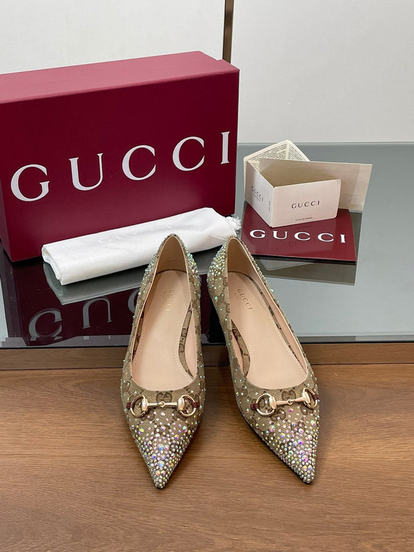 Ballerina GG Horsebit in tela monogramma beige ebano con cristalli