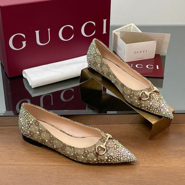 Ballerina GG Horsebit in tela monogramma beige ebano con cristalli