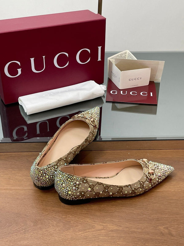 Ballerina GG Horsebit in tela monogramma beige ebano con cristalli