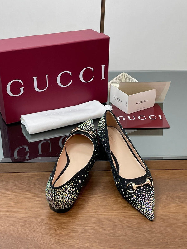GG Horsebit Ballet Flat Black Ebony Monogram Canvas Crystal-Embellished