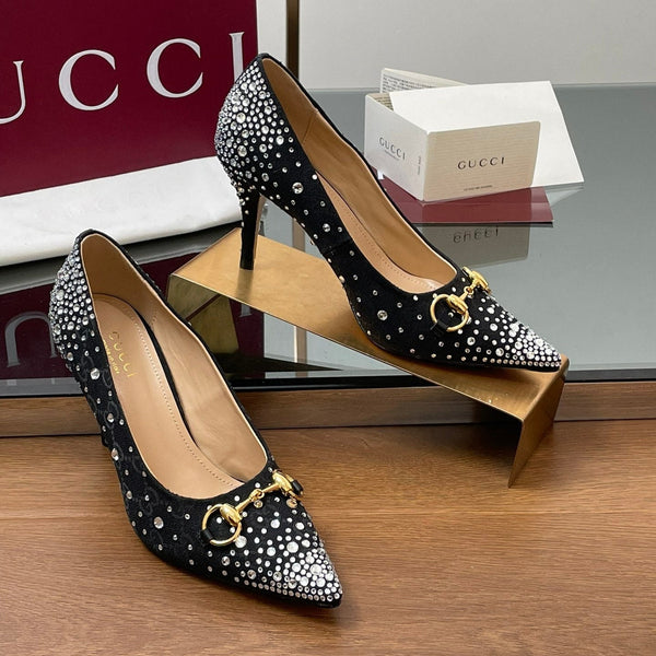 GG Horsebit Pump 85 Black Ebony Monogram Canvas Crystal-Embellished