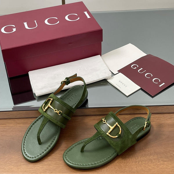 GG Horsebit Thong Flat Sandals Olive Green Sheepskin Suede 646470