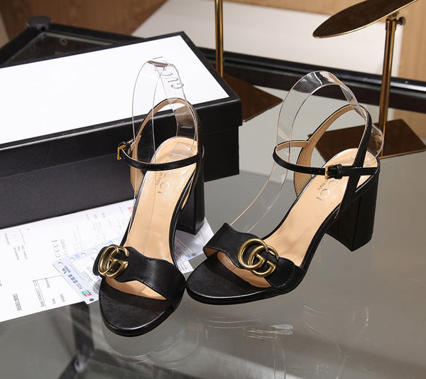 GG Marmont Ankle Strap Sandal 8cm Black Sheepskin 342564
