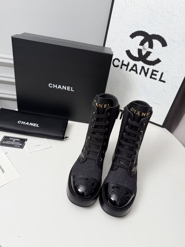 CC 26s Bottine Noir Bleu Denim Cuir Verni