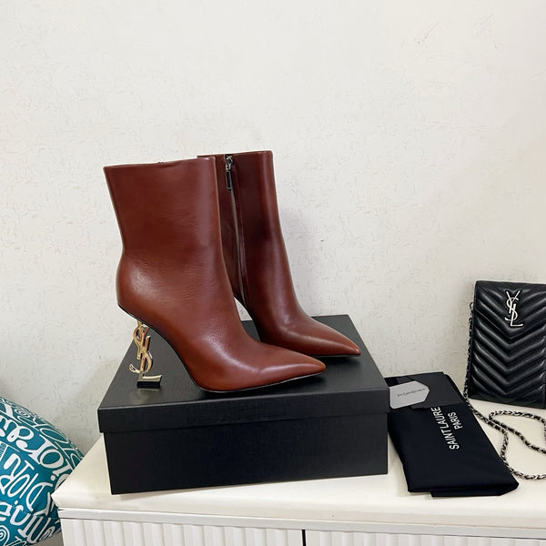 YSL 2025 Logo Talon Métal Bottine Cuir Vachette Marron 575004