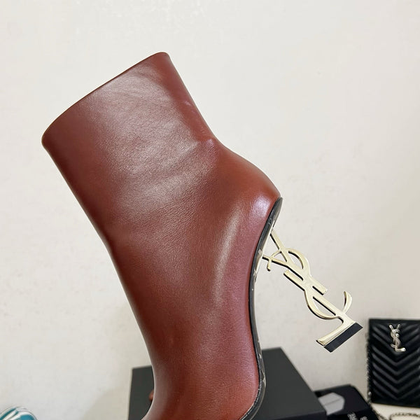 YSL 2025 Logo Talon Métal Bottine Cuir Vachette Marron 575004