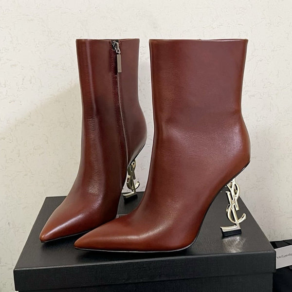 YSL 2025 Logo Talon Métal Bottine Cuir Vachette Marron 575004