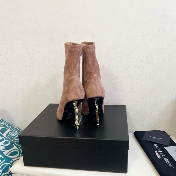 YSL 2025 Opyum 110mm Heel Ankle Boot Light Brown Suede 575012