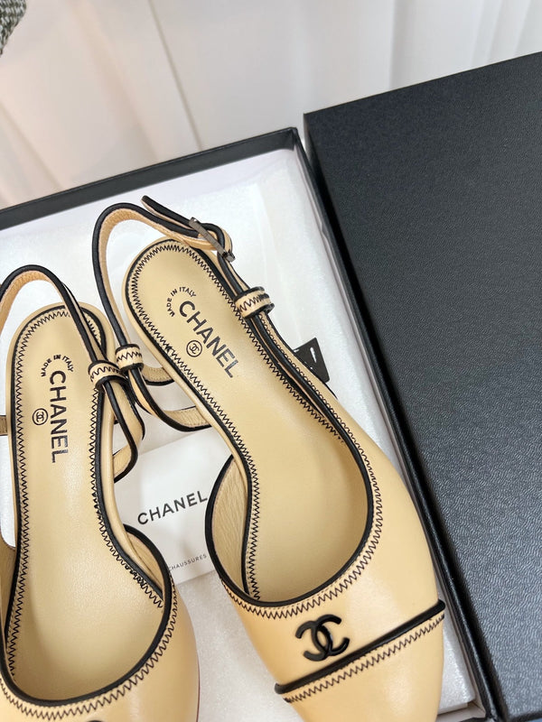 CC Slingback Heels With Black Contrast Stitching Beige Lambskin 476711