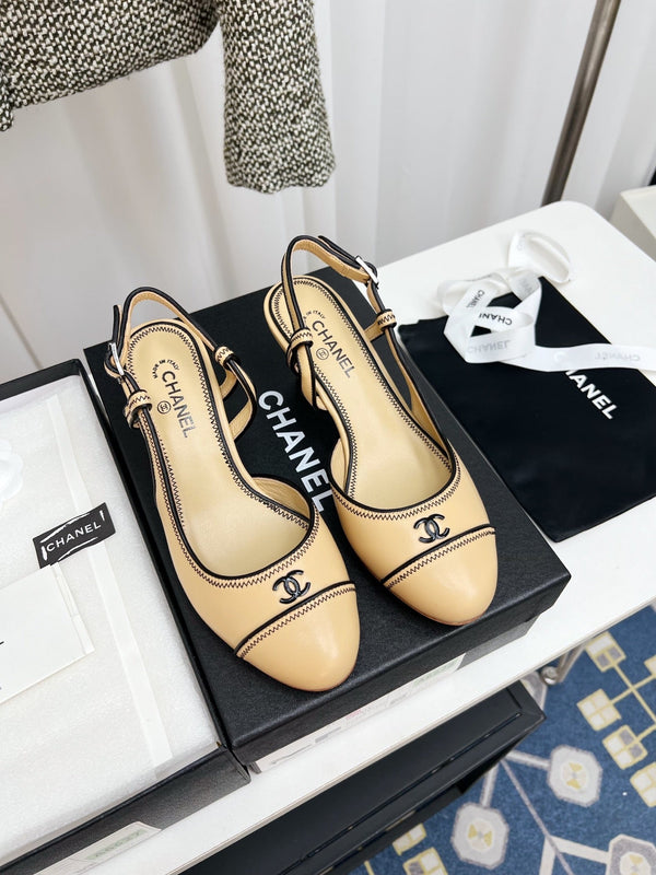 CC Slingback Heels With Black Contrast Stitching Beige Lambskin 476711