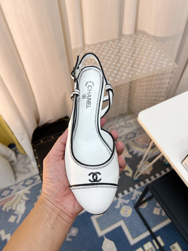 CC Slingback Heels With Black Contrast Stitching White Lambskin 476712