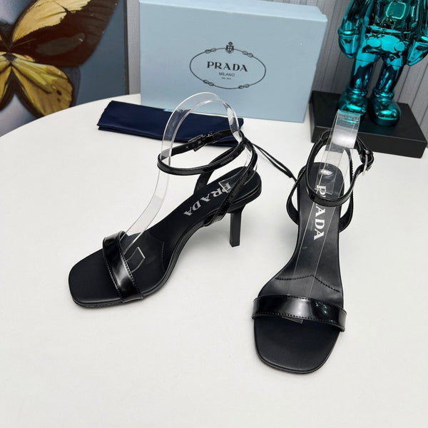 Prad 26s Ankle Strap Sandals Stiletto Heel 80mm In Black Shine Calfskin