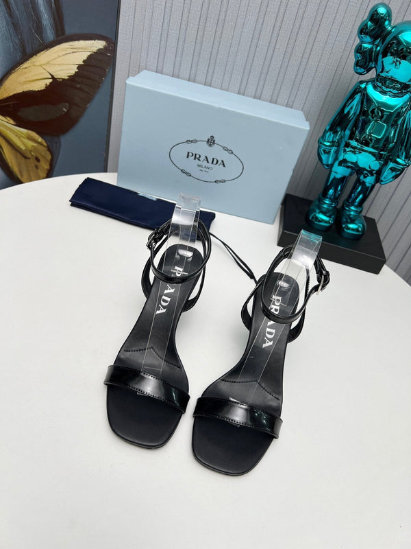 Prad 26s Ankle Strap Sandals Stiletto Heel 80mm In Black Shine Calfskin