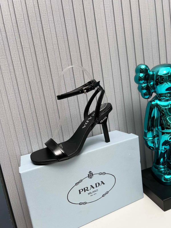 Prad 26s Ankle Strap Sandals Stiletto Heel 80mm In Black Shine Calfskin