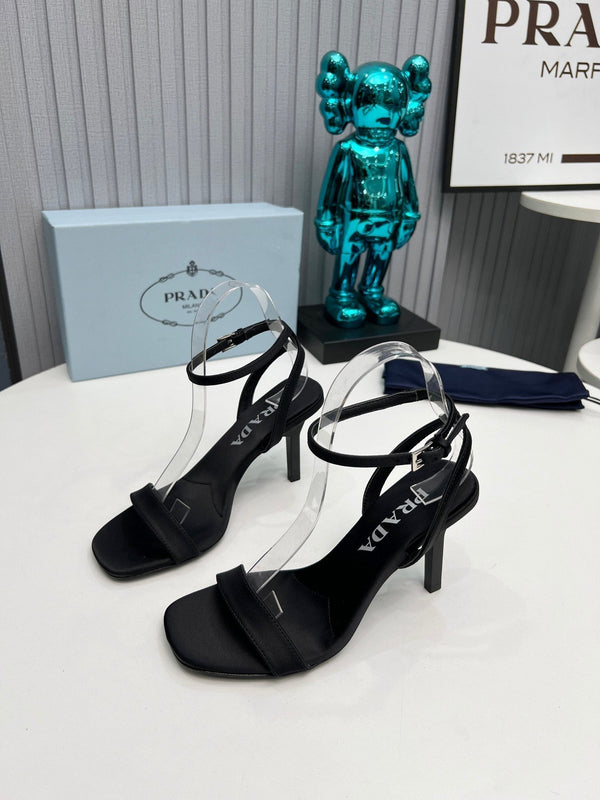 Prad 26s Ankle Strap Sandals Stiletto Heel 80mm In Black Satin
