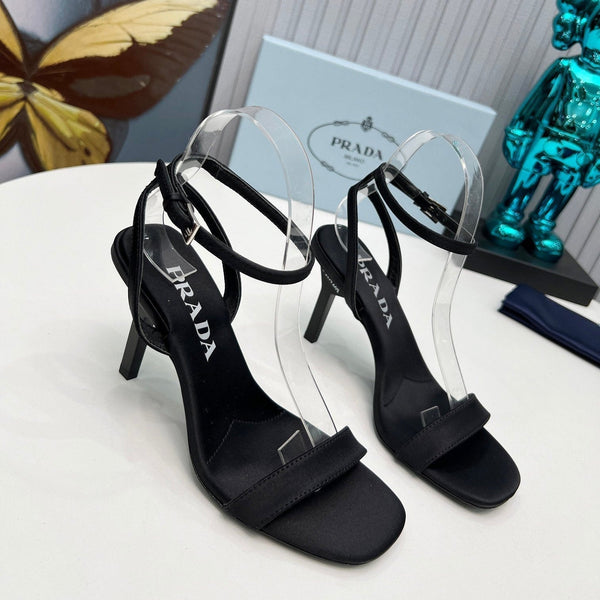 Prad 26s Ankle Strap Sandals Stiletto Heel 80mm In Black Satin