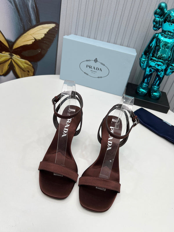 Prad 26s Ankle Strap Sandals Stiletto Heel 80mm In Dark Brown Satin