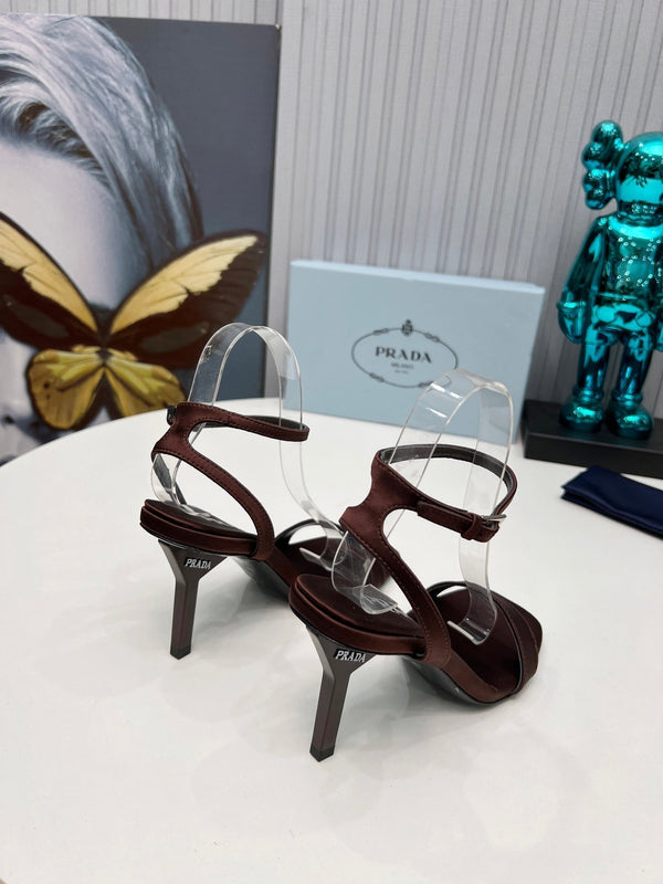 Prad 26s Ankle Strap Sandals Stiletto Heel 80mm In Dark Brown Satin