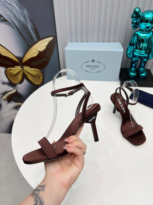 Prad 26s Ankle Strap Sandals Stiletto Heel 80mm In Dark Brown Satin
