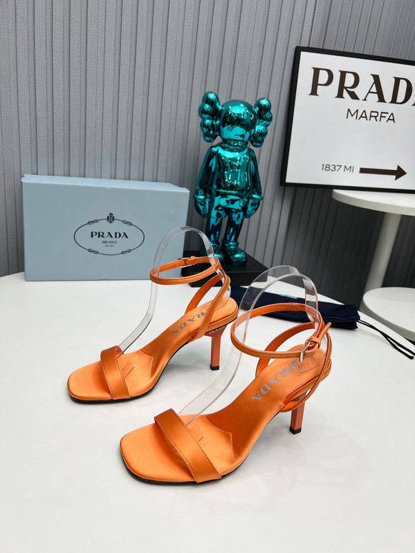 Prad 26s Ankle Strap Sandals Stiletto Heel 80mm In Orange Satin
