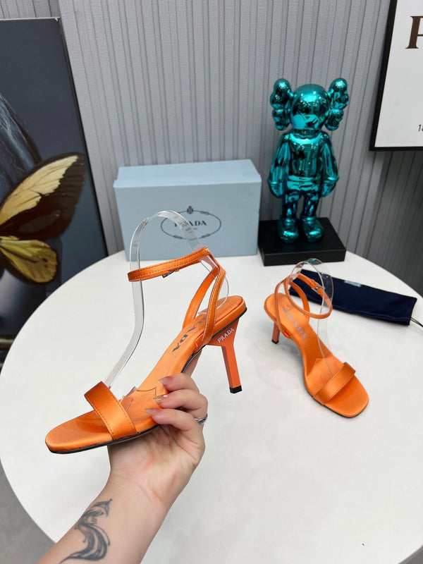 Prad 26s Ankle Strap Sandals Stiletto Heel 80mm In Orange Satin