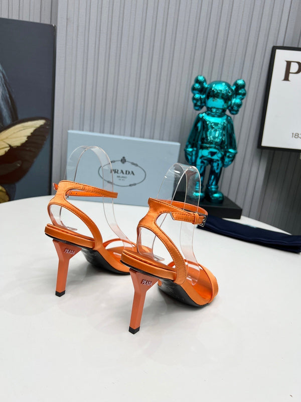Prad 26s Ankle Strap Sandals Stiletto Heel 80mm In Orange Satin