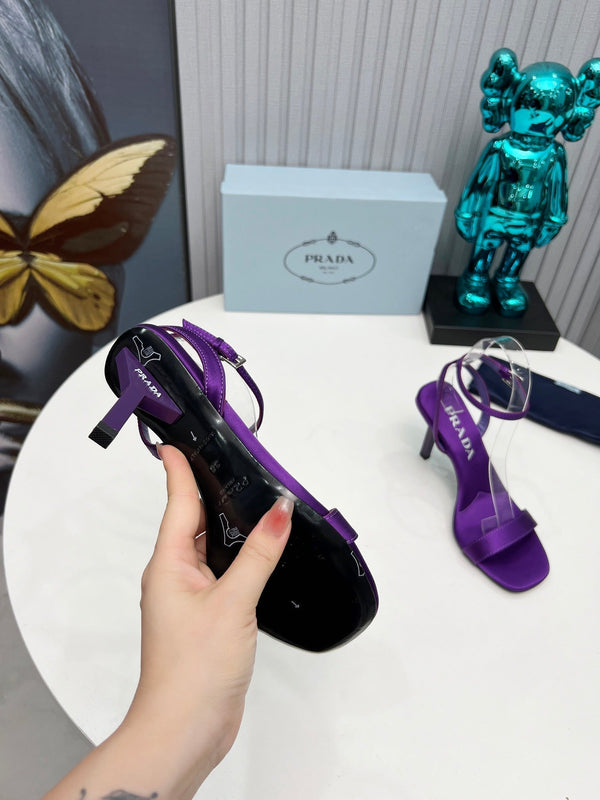 Prad 26s Ankle Strap Sandals Stiletto Heel 80mm In Deep Purple Satin