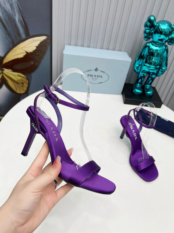 Prad 26s Ankle Strap Sandals Stiletto Heel 80mm In Deep Purple Satin