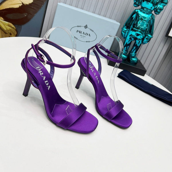 Prad 26s Ankle Strap Sandals Stiletto Heel 80mm In Deep Purple Satin