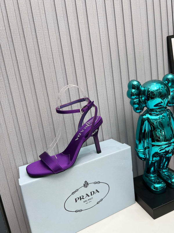 Prad 26s Ankle Strap Sandals Stiletto Heel 80mm In Deep Purple Satin