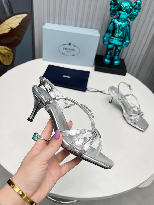 Prad 26s Strappy Sandals Stiletto Heel 60mm In Silver Calfskin