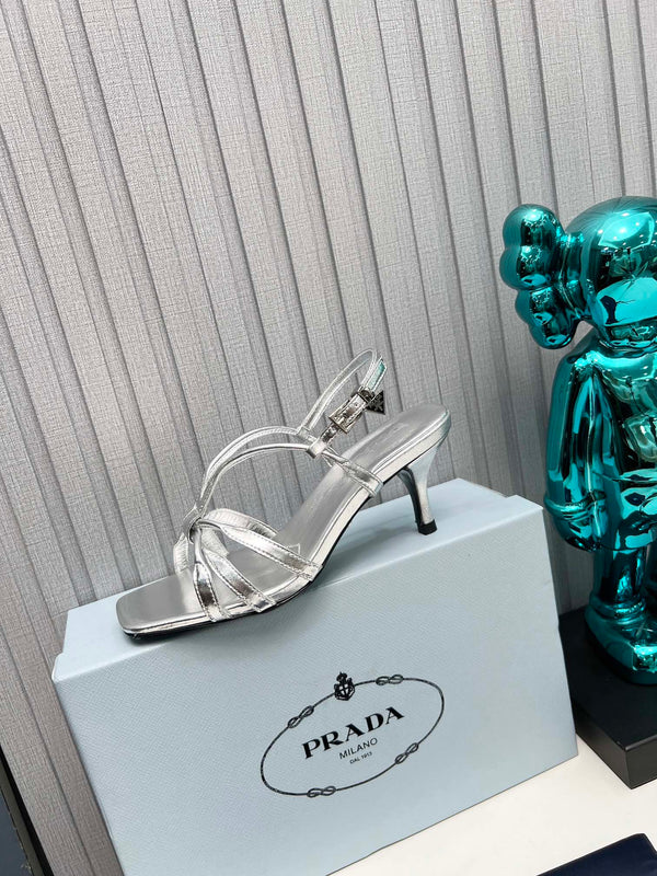 Prad 26s Strappy Sandals Stiletto Heel 60mm In Silver Calfskin