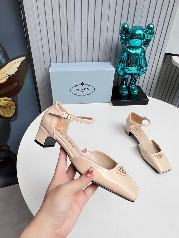 Prad 26s Ankle Strap Pumps 40mm In Nude Beige Patent Calfskin Triangle Logo