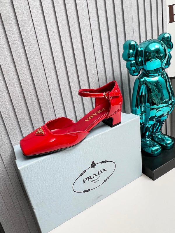 Prad 26s Ankle Strap Pumps 40mm In Red Patent Calfskin Triangle Logo