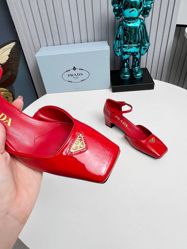 Prad 26s Ankle Strap Pumps 40mm In Red Patent Calfskin Triangle Logo