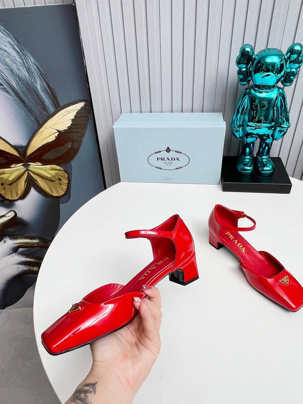 Prad 26s Ankle Strap Pumps 40mm In Red Patent Calfskin Triangle Logo